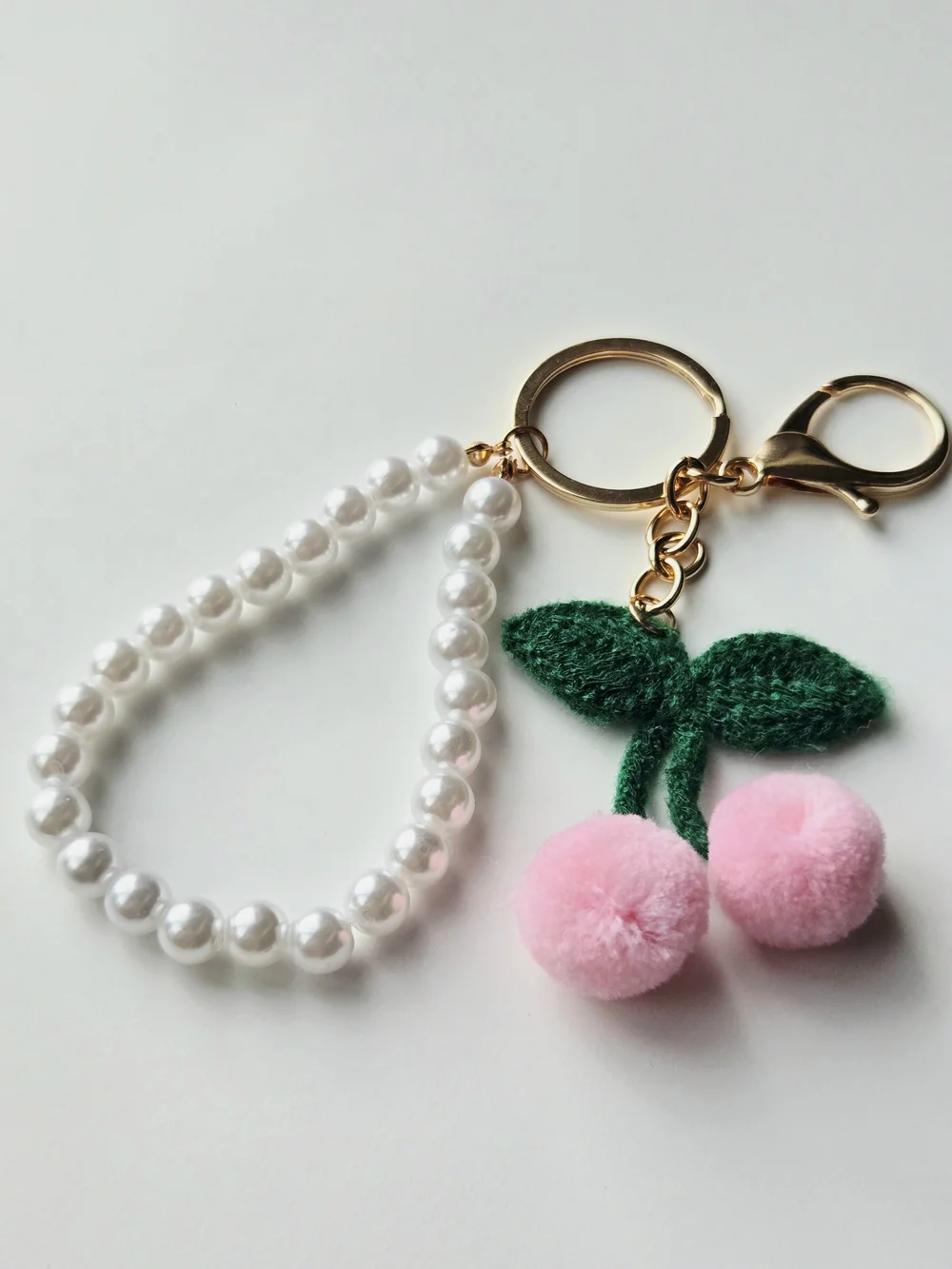 Coquette Pink Pom Pom Cherry Pearl Bag Charm Keychain Accessory NWT